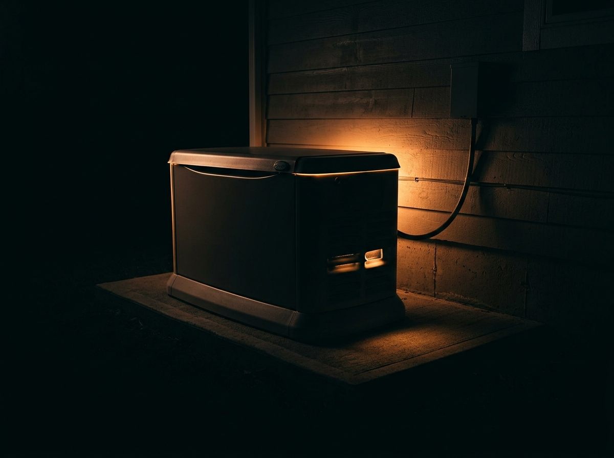 Home standby generator beside a house at night