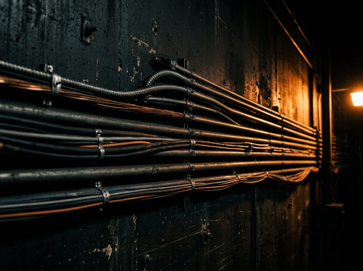 Neat runs of electrical conduit and wiring on a dark wall